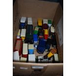 A box of of collectable advertising vehicles/ toy cars and similar including Matchbox and Corgi.