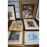 A selection of framed prints and paintings, including Border Terrier print.