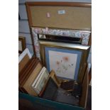A box of frames, mirrors and two signed watercolours signed TW Gibson.