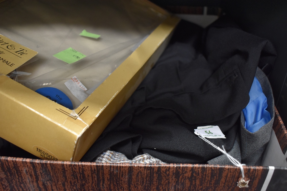 A collection of Mens suits, suit jackets and a boxed shirt, collar size of 15.5'. Good condition.