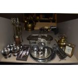 A selection of metal ware including decorative fire side companion set, salad servers in box,