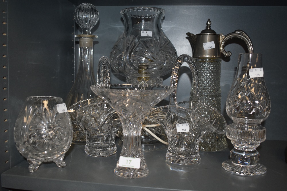 A selection of Crystal and glass, including decanter, vases, lamp and similar.