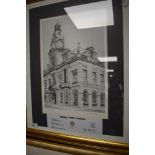A limited edition print of Kendal Town Hall, after Trevor Haines, signed and dated 1975.