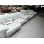 A good quality modern duck egg blue leather lounge suite, comprising three and two seater
