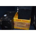 Two box cameras. A Hawkeye six-20 Major on original box and Brownie No2
