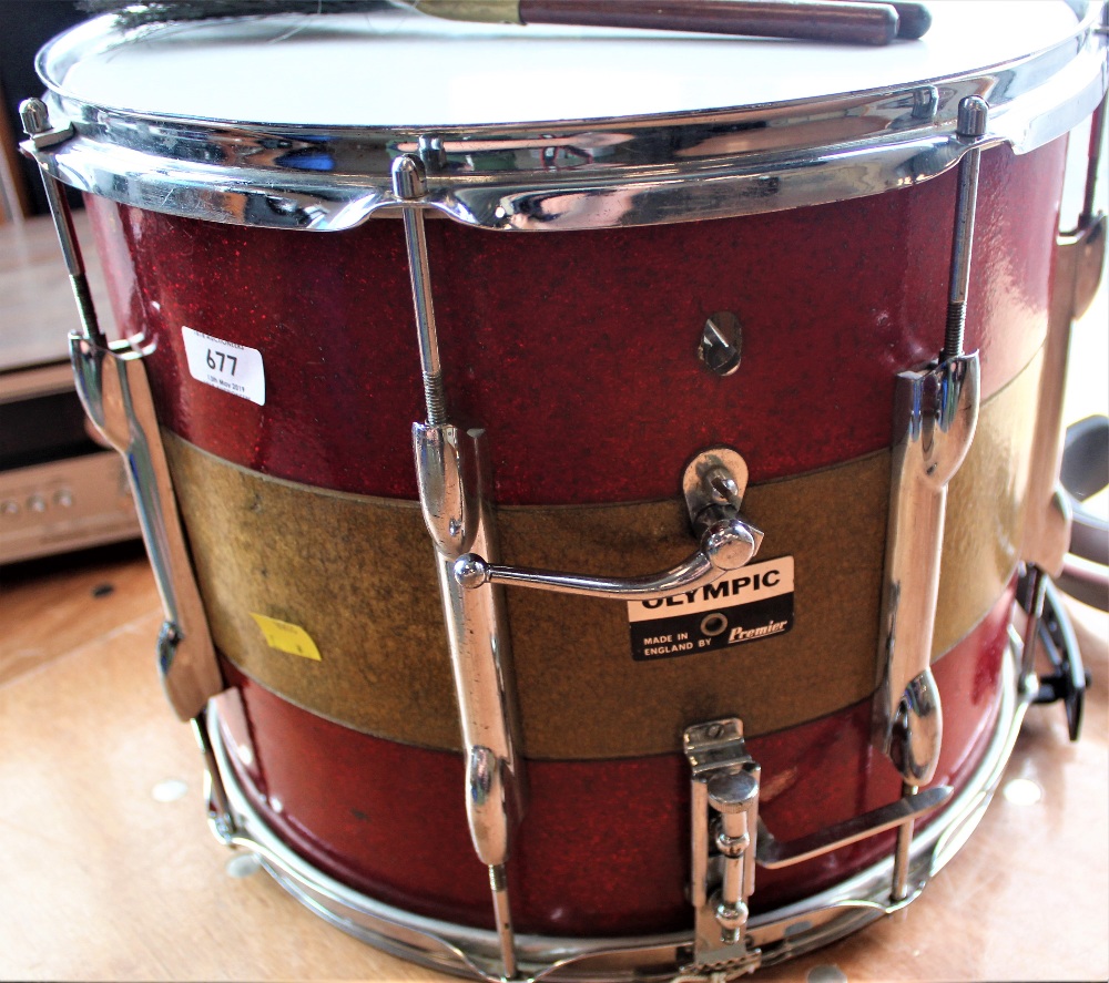 A vintage Premier Olympic Drum and Brushes , adapted to be used for a marching band