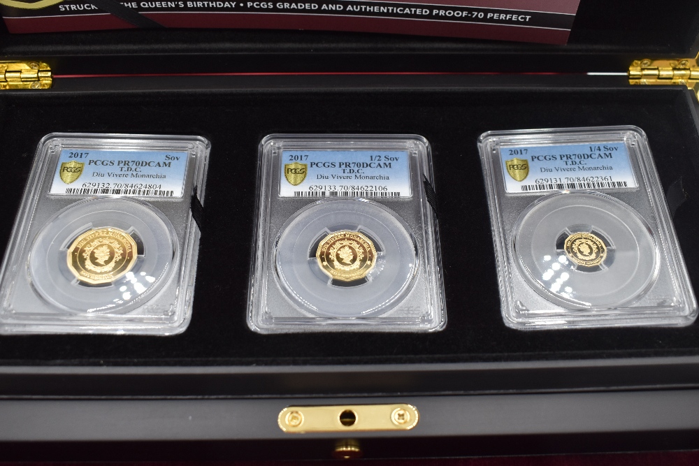 The 2017 Twelve-sided Gold Sovereign set for Tristan Da Cunha. A Sovereign, Half Sovereign and a