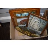 A box of mixed pictures and a wooden plaque.