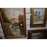 Three pictures, one watercolour depicting river scene,signed N Tradewell, a city scene print and a