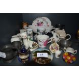 A selection of curios and trinkets including Sunderland lustre teacup and crested wares