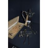 A silver plated hot water pot, four sets of plated sugar nips, a pair of screw back earrings and