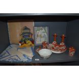 A quantity of vintage oriental style items, including linen table cloth and napkin set in box,