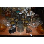 A selection of metal and glassware including tankards, copper jug, candlesticks and hip flask etc