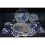 A variety of vintage and antique blue and white ceramics, including Spode dish, small Royal Douton