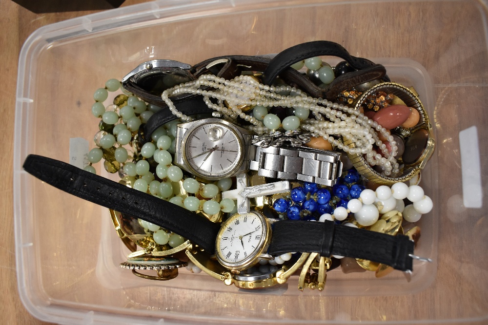 A selection of costume jewellery including beads and fashion watches etc