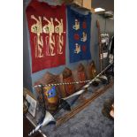 Four Re enactment metal shields having Painted fronts, Two matching pennants , a pair of jousting