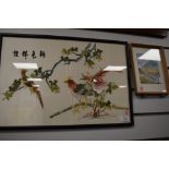 A vintage oriental embroidery on silk depicting two birds, and a small watercolour of Great gable