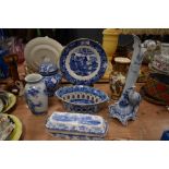 A variety of blue and white ware including Delft vase with stork or similar decoration, Spode and