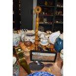 A small lot of wood items including framed embroidery, billows with brass detailing, bowls and