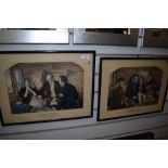 Two vintage prints depicting scenes from railway carriages in 'First' and 'Second' class.