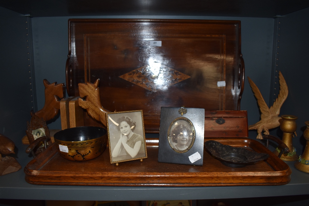 A mixed lot of vintage wooden items and similar, including Scottie dog book ends, Lacquered Jacobs