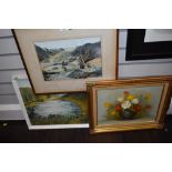 A lot of three pictures, one depicting floral display in acrylic, and the other two of countryside