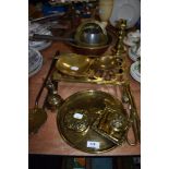 A selection of vintage brass ware, including trivet, ink well, pans and more, also a copper basin is