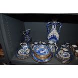 An array of vintage blue and white ware including 'Ye old Chinese Willow' Wilton ware part coffee