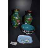 A small lot of decorative oriental painted metal items, comprising of two copper vases a bowl and
