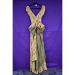 Vintage 40s/50s gold and olive green evening gown having floral pattern, very full skirt with