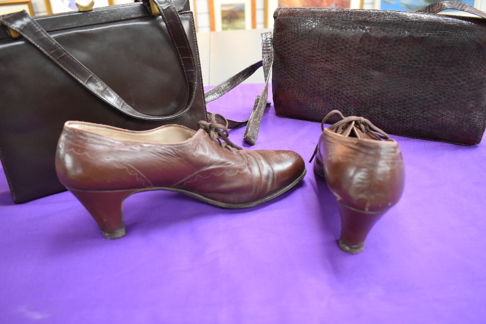 A pair of 1940s women's brown brogue style lace up shoes, around a size 7 and two vintage handbags, - Image 2 of 2