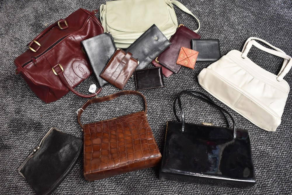 A collection of vintage and modern bags, including black patent with clasp fastening, Jane Shilton