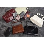 A collection of vintage and modern bags, including black patent with clasp fastening, Jane Shilton