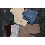 A collection of gents vintage items, including Levi 501 and 901 jeans and cutt offs, two pairs of