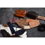 A variety of vintage handbags and accessories including gloves, purse and similar, including reptile