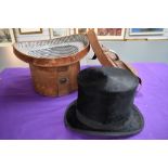 An antique boxed top hat,J kendall,Dudley street,Birmingham and high street Saltley. Silk lining has