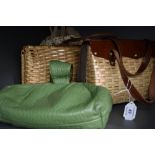 Three vintage bags, including two basket style bags and a green clutch bag,all around 1950s, good