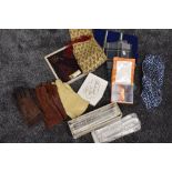 A collection of vintage gents items, including a box of unused collars in packets, scarves,ties