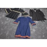 Three 1960s Mini dresses, two in black with metallic thread detailing and the third in a navy blue