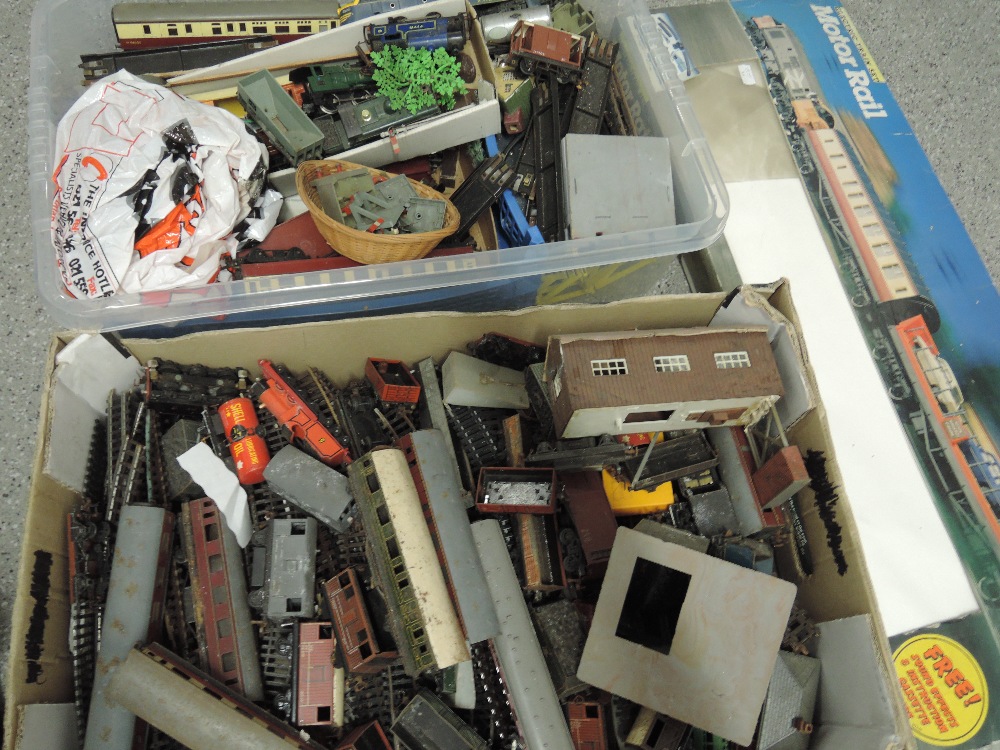 Two boxes of playworn 00 gauge including Hornby, TTR and similar including engines, rolling stock,