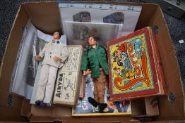 A box of mixed toys and games including 1960's Palitoys Action Man, Rosebud dollin original box,