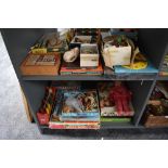 Two shelves of vintage toys and games including Plastic Meccano part set R6496, 84 piece plastic