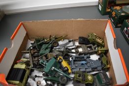 A collection of playworn Britains and Matchbox Military vehicles and accessories