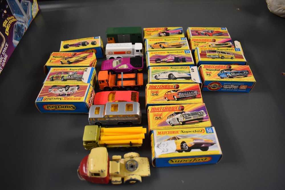 Eleven Matchbox Superfast diecasts, Setra Coach 12, Iso Grifo 14, Road Dragster 19, Mercedes 27,