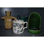 A selection of vintage ceramics and salt glaze, including an unusual handled candlestick holder with