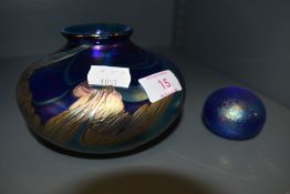 Two pieces of art glass including lustre paper weight and squat vase signed Paul C Brown dated 1993
