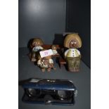 A selection of vintage Scandinavian ceramic troll figures and a set of Mignon opera glasses