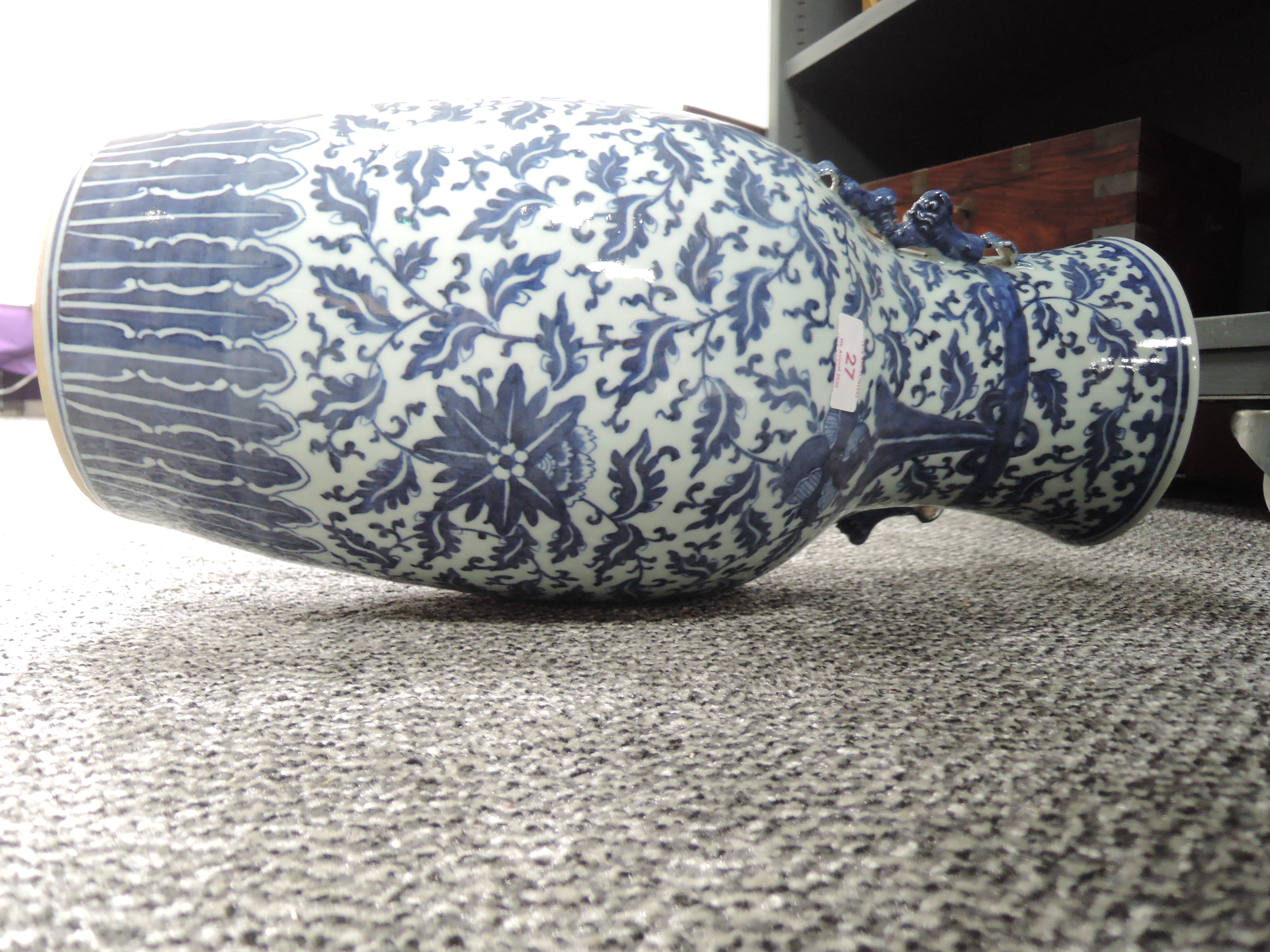 A large standing hard paste Chinese vase with traditional blue and white design - Image 3 of 4