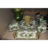 A variety of Masons 'chartreuse' including plates, bowl and jug also Furness pottery items and
