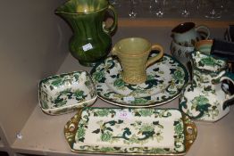 A variety of Masons 'chartreuse' including plates, bowl and jug also Furness pottery items and